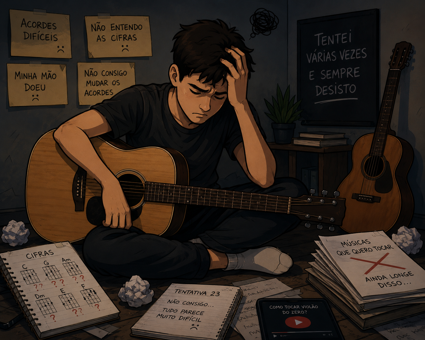 Adulto frustrado tentando aprender violão sem resultado — método tradicional